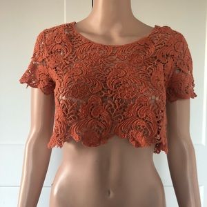 Forever 21 F21 Burnt Rusty Orange Crochet Cropped Lace Short Sleeves Top Small S